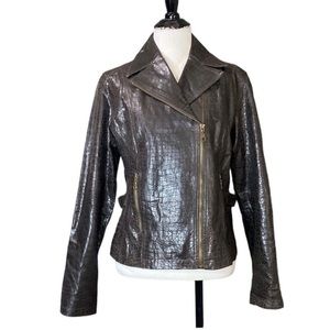 Vintage Live a Little Chocolate Brown Leather Croc Print Moto Jacket